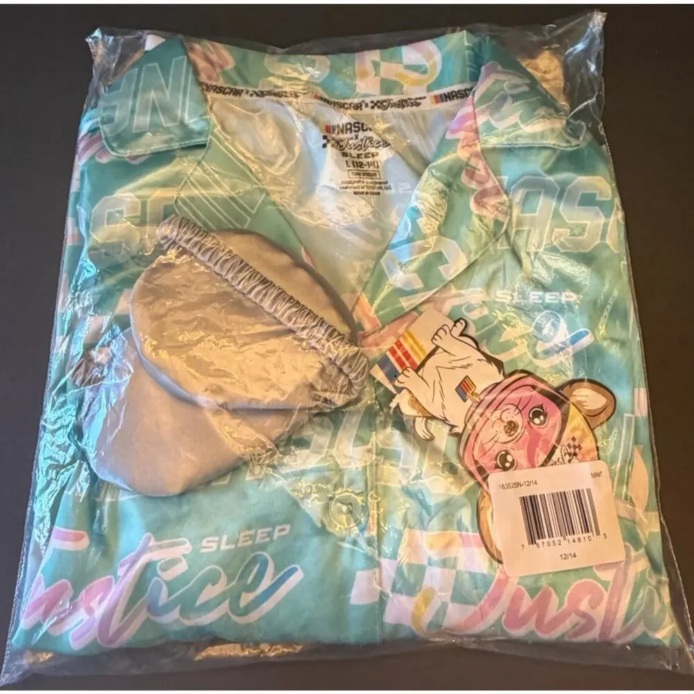 NWT NASCAR + Justice Girls L(12/14) Pajama Lounge 3pc Short Shirt Mask Sleep Set